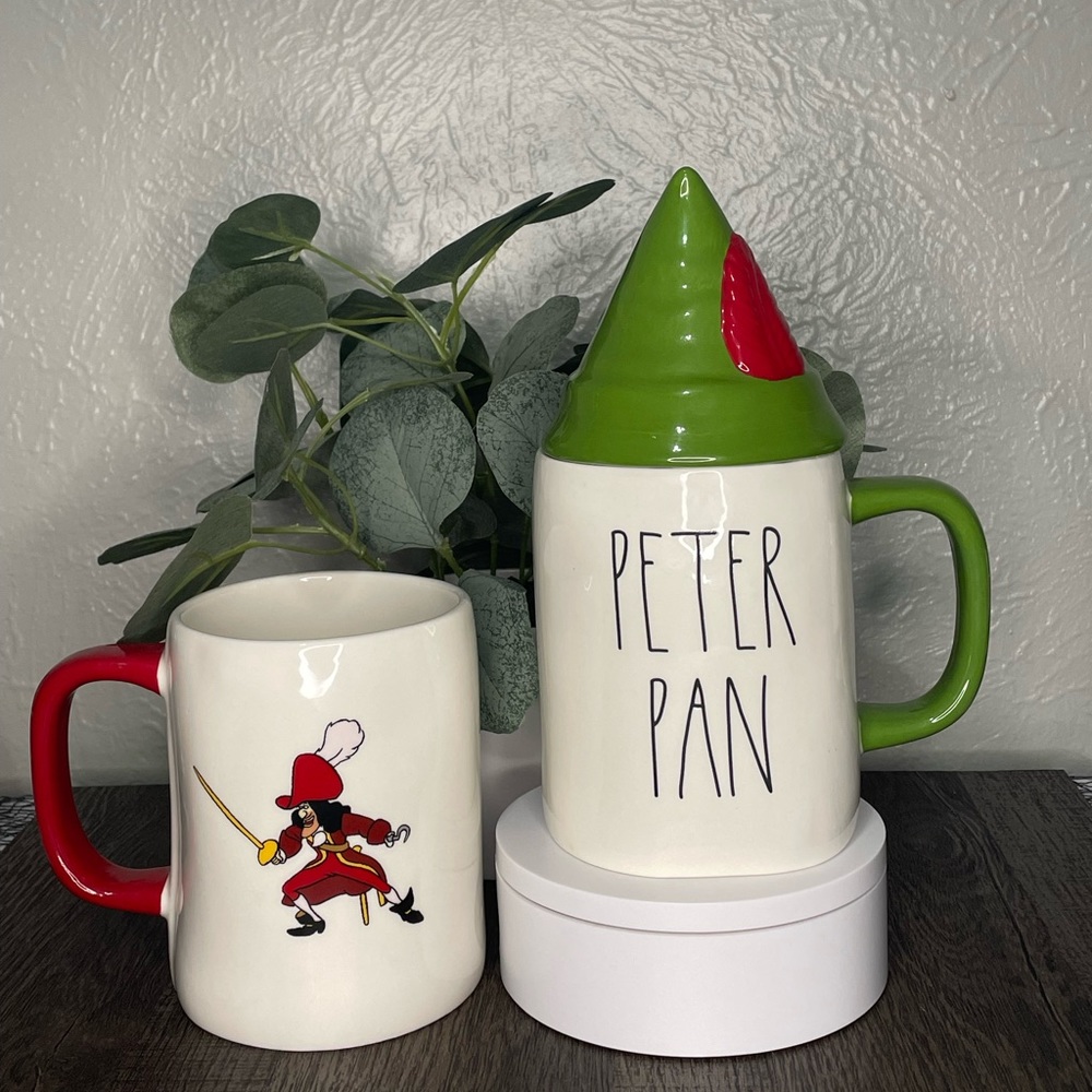 Rae Dunn peter pan, and Captain Hook mugs